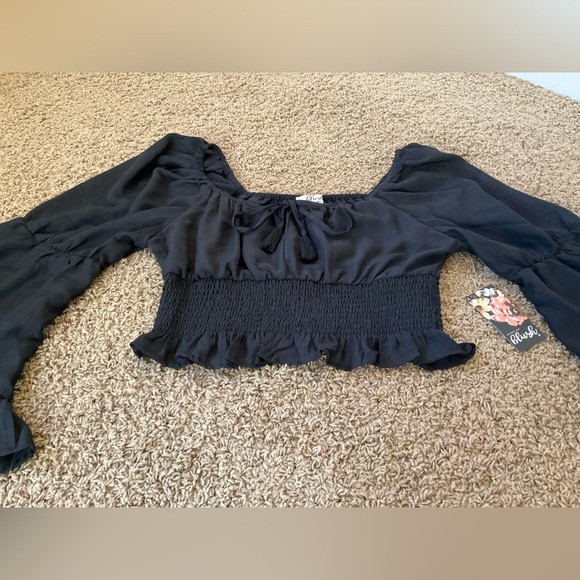 NWT! Black Boho Wide Flutter Sleeve Crop Smock Top/Blouse, 1970’s, Stevie Nicks - Picture 3 of 11